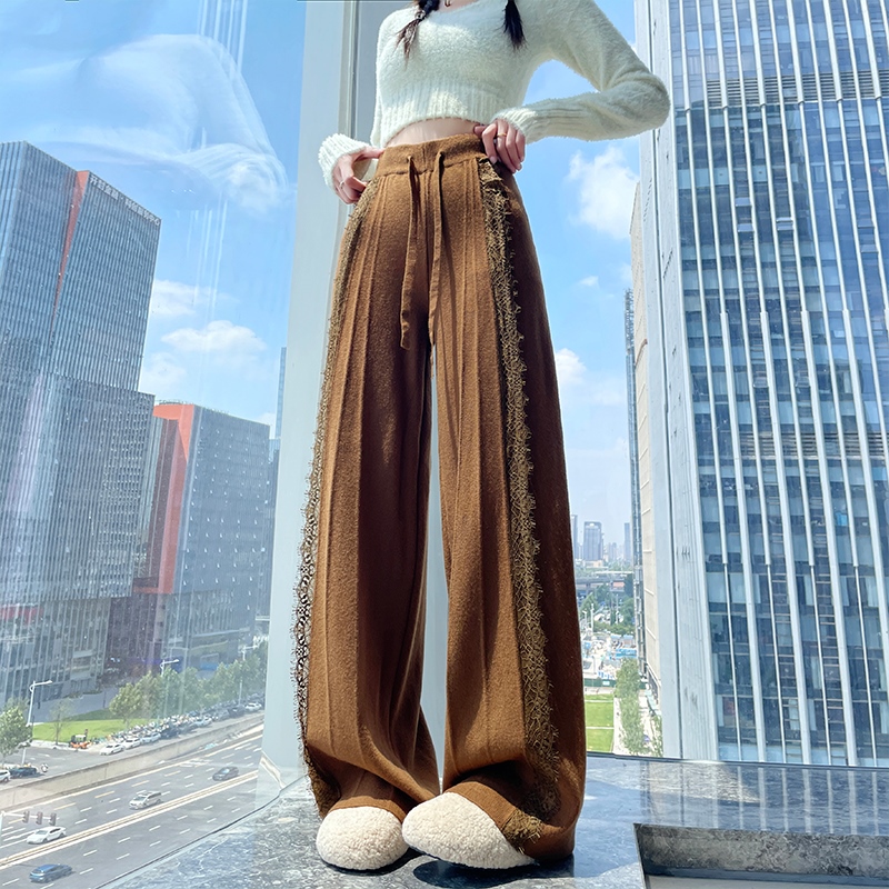 實拍設計感蕾絲針織闊腿褲女2025秋冬新款高腰顯瘦休閑直筒長褲子