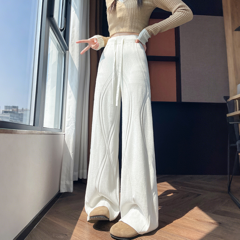 實拍設計感軟糯針織闊腿褲女2025秋冬新款高腰顯瘦休閑直筒長褲子