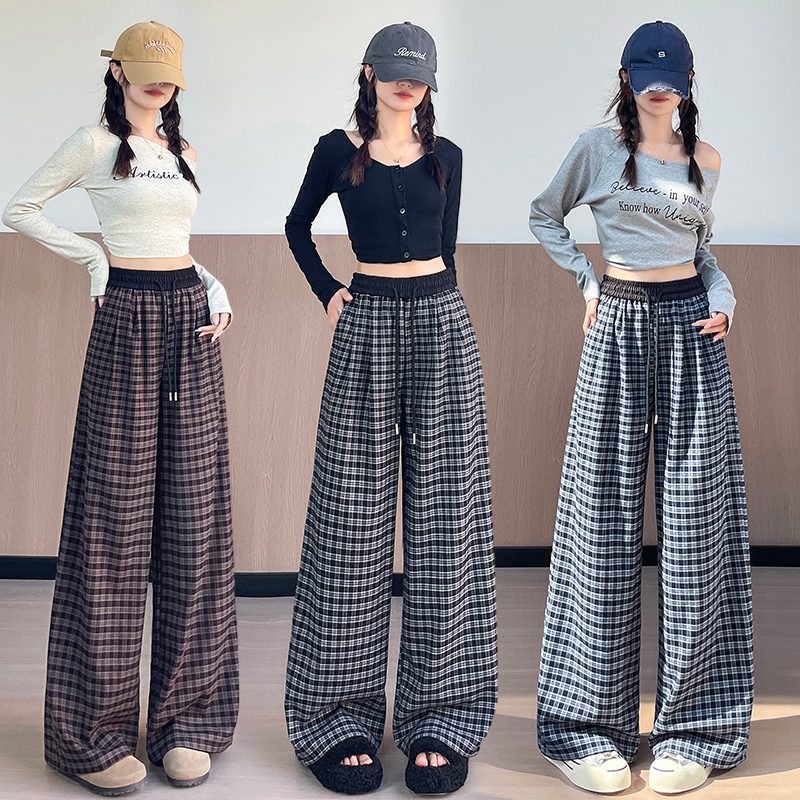 實拍磨毛格子闊腿褲女2025秋季新款百搭寬松顯瘦休閑褲垂感拖地褲