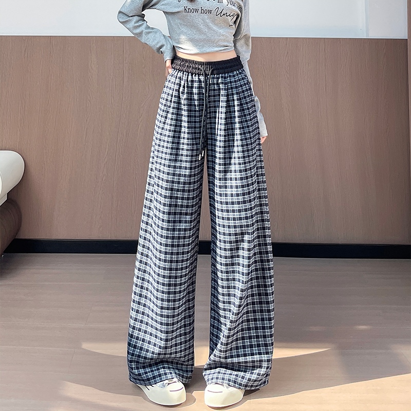 實拍磨毛格子闊腿褲女2025秋季新款百搭寬松顯瘦休閑褲垂感拖地褲