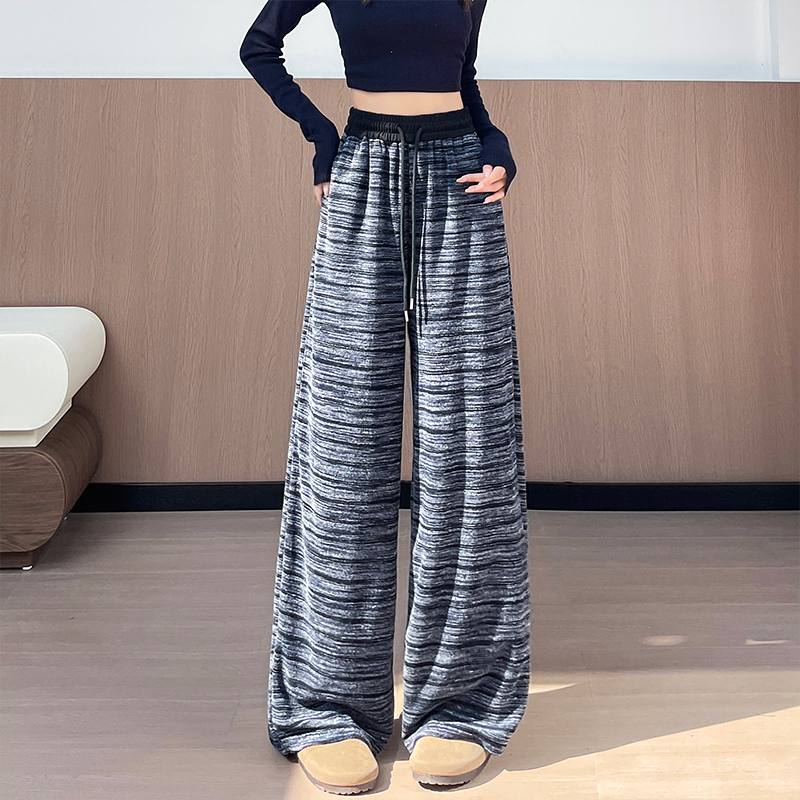 實拍條紋糯米褲休閑闊腿褲女2025秋季新款高腰顯瘦針織直筒拖地褲