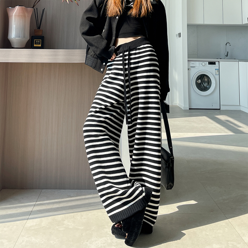 實拍加絨加厚條紋針織褲女2025秋冬復古百搭高腰慵懶風直筒闊腿褲