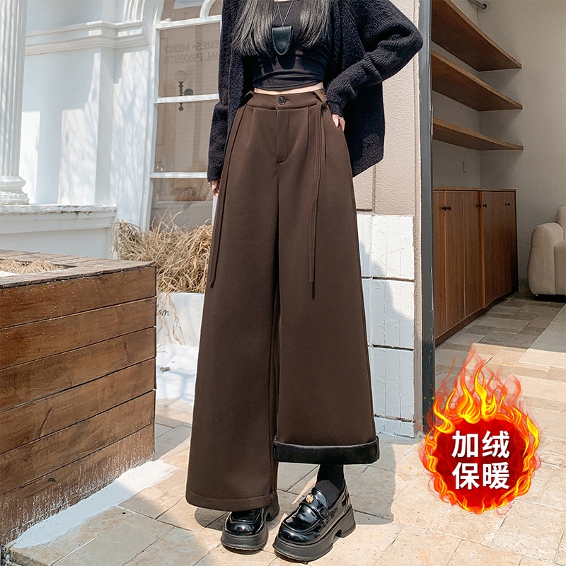 實拍加絨加厚羊毛呢休閑褲女2025秋冬高腰寬松顯瘦直筒西裝闊腿褲