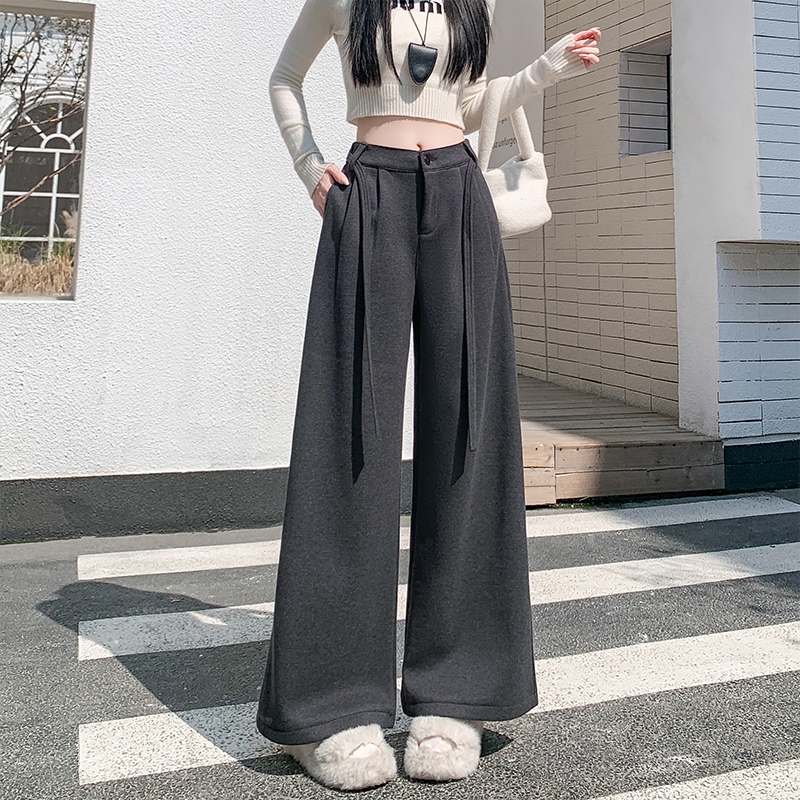 實拍加絨加厚羊毛呢休閑褲女2025秋冬高腰寬松顯瘦直筒西裝闊腿褲