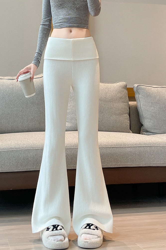 實拍加絨翻邊針織微喇褲女2025秋冬高腰彈力顯瘦馬蹄褲喇叭拖地褲