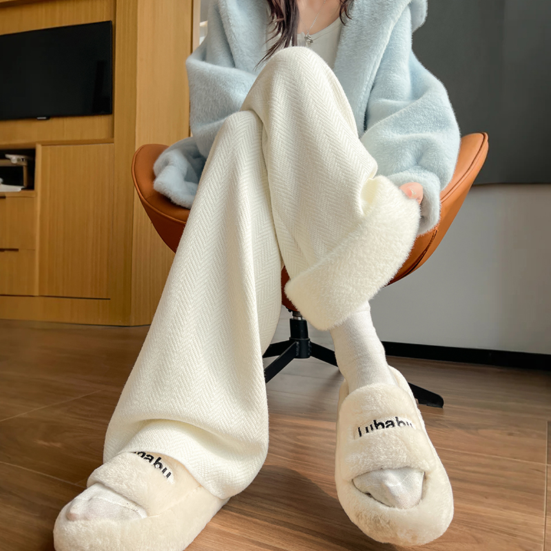 實拍加絨針織闊腿褲女2025秋冬加厚保暖休閑褲軟糯高腰直筒拖地褲