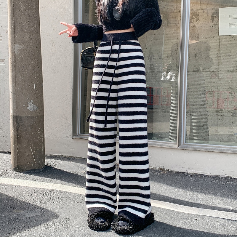 實拍加絨加厚水貂絨條紋針織褲女2025秋冬高腰慵懶風直筒闊腿褲子