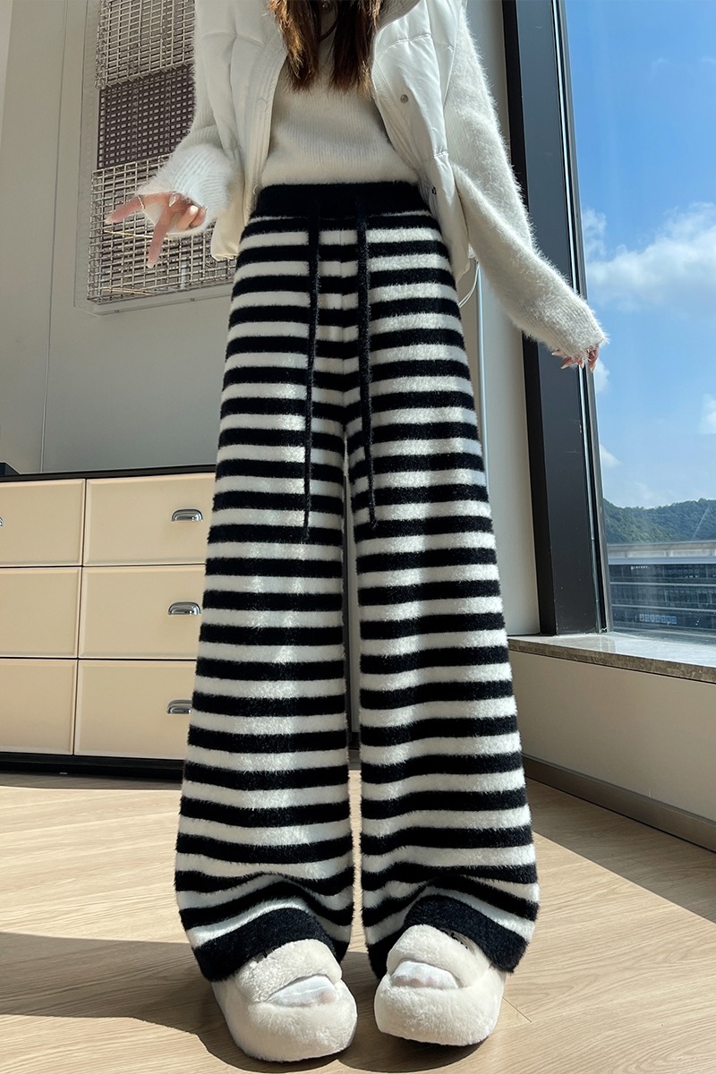實拍水貂絨條紋軟糯針織闊腿褲女秋冬高腰慵懶風直筒休閑拖地長褲