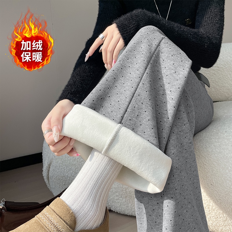 實拍加絨加厚2025秋冬新款顯瘦波點微喇褲羊絨休閑闊腿拖地褲子女