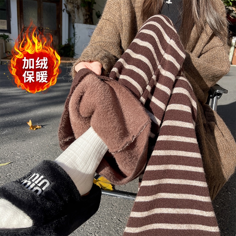 實拍加絨加厚條紋針織微喇褲女2025秋冬垂感高腰顯瘦休閑喇叭褲子