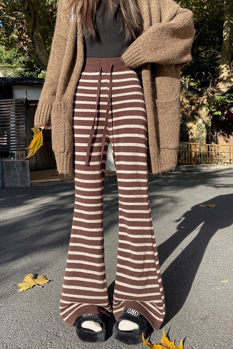 實拍加絨加厚條紋針織微喇褲女2025秋冬垂感高腰顯瘦休閑喇叭褲子