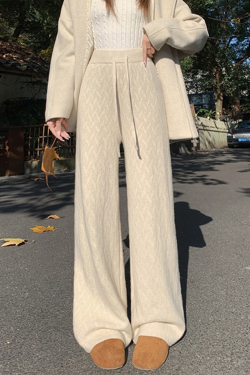 實拍加絨加厚提花針織闊腿褲女2025秋冬休閑褲軟糯高腰直筒拖地褲
