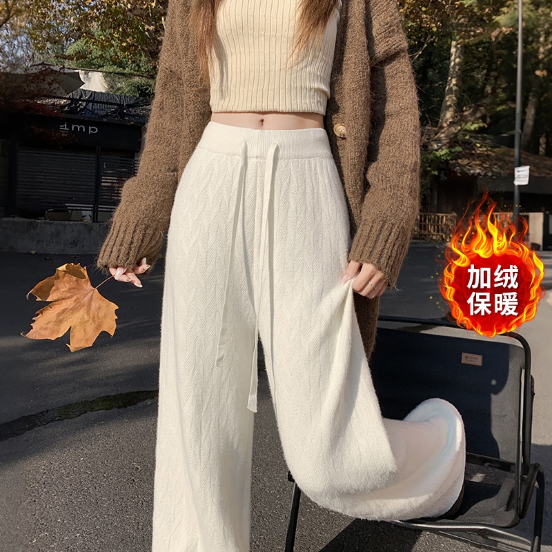 實拍加絨加厚提花針織闊腿褲女2025秋冬休閑褲軟糯高腰直筒拖地褲
