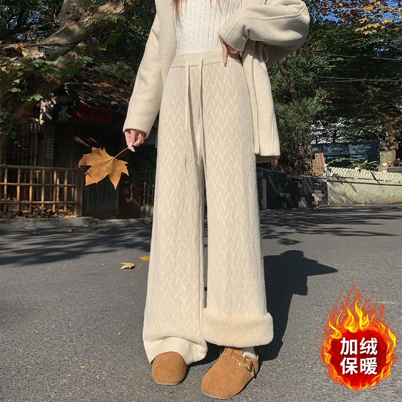 實拍加絨加厚提花針織闊腿褲女2025秋冬休閑褲軟糯高腰直筒拖地褲