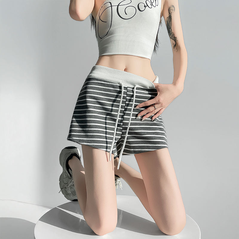 實拍撞色條紋松緊腰抽繩短褲女2026夏季新款辣妹松弛感高腰休閑褲