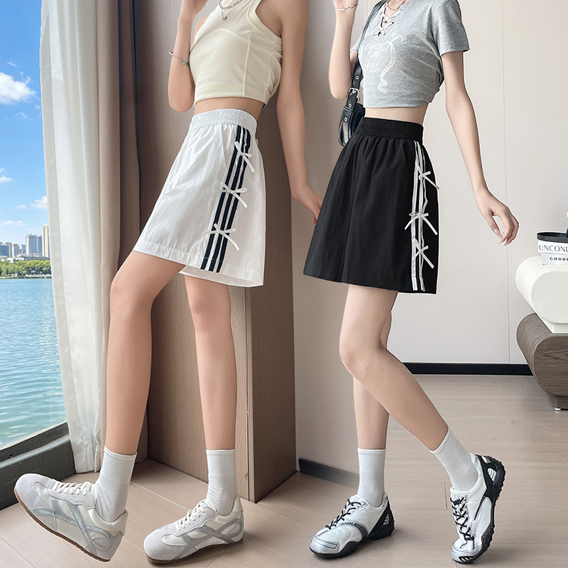 實拍白色蝴蝶結冰絲短褲女夏季高腰a字顯瘦休閑闊腿速干運動褲子