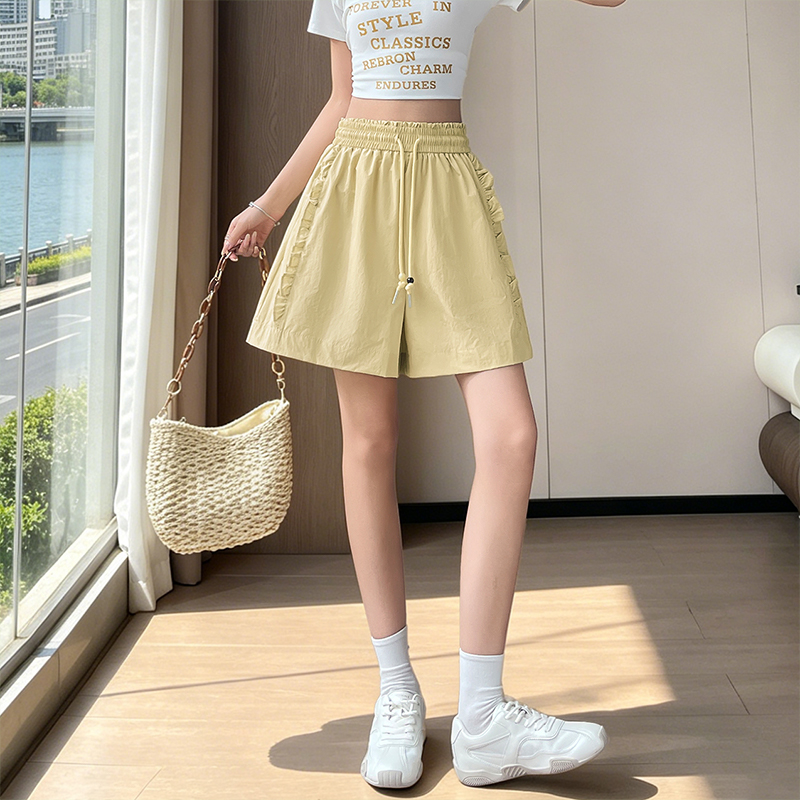 實拍冰絲木耳邊闊腿短褲女2026夏季薄款小個子外穿顯瘦a字五分褲