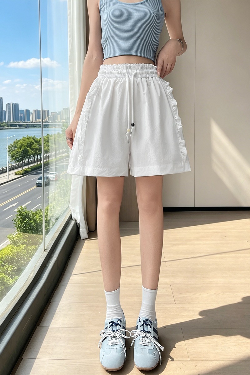 實拍冰絲木耳邊闊腿短褲女2026夏季薄款小個子外穿顯瘦a字五分褲