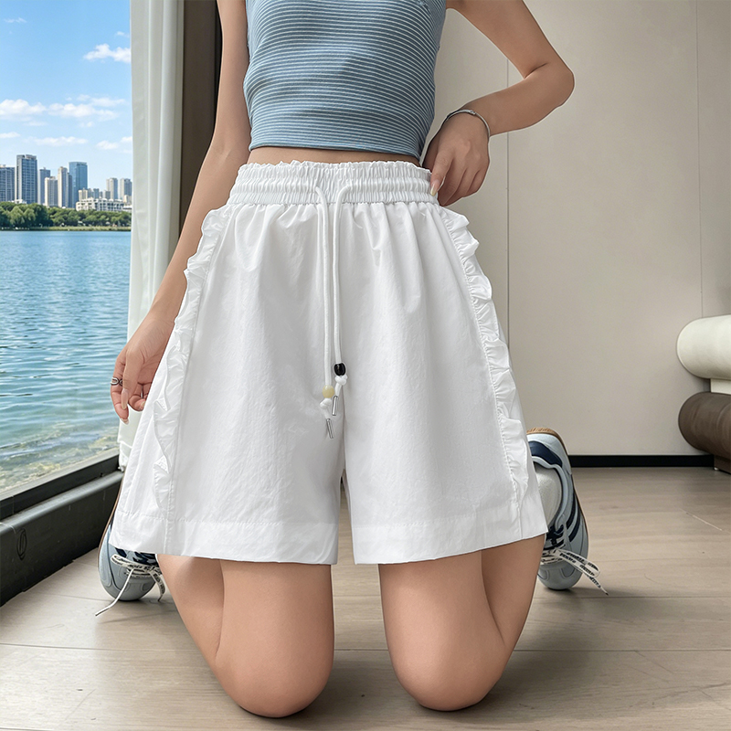 實拍冰絲木耳邊闊腿短褲女2026夏季薄款小個子外穿顯瘦a字五分褲