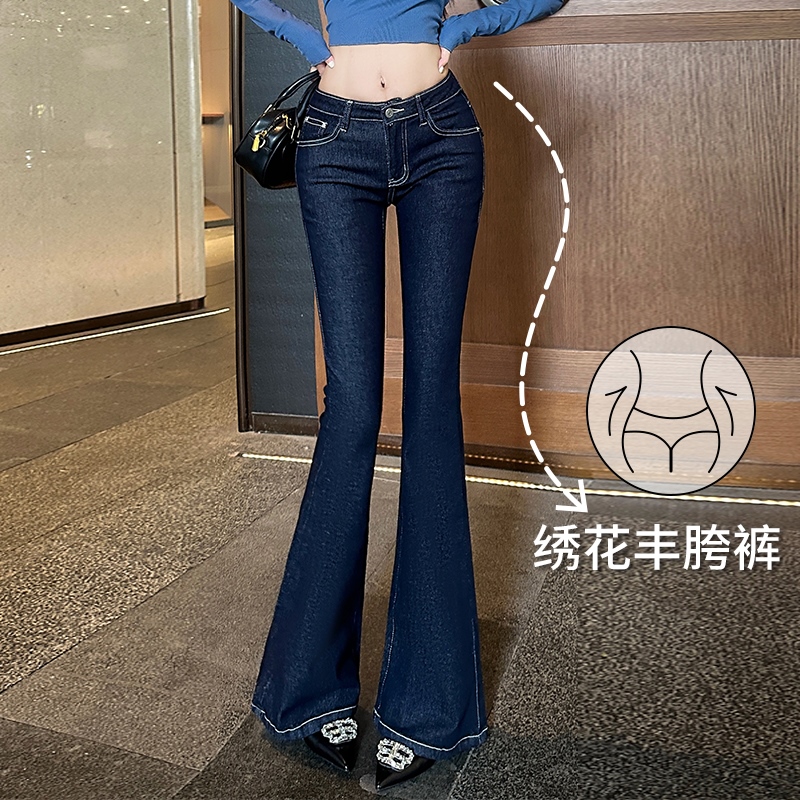 實拍原牛色口袋刺繡微喇牛仔褲女2025年秋款固定式豐胯低腰微喇褲