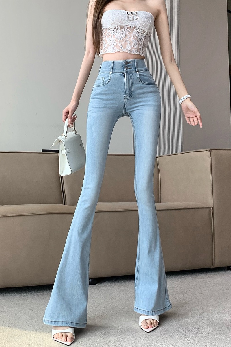 實拍奶茶色自帶豐胯微喇牛仔褲女2025秋季新款高腰雙扣彈力長褲