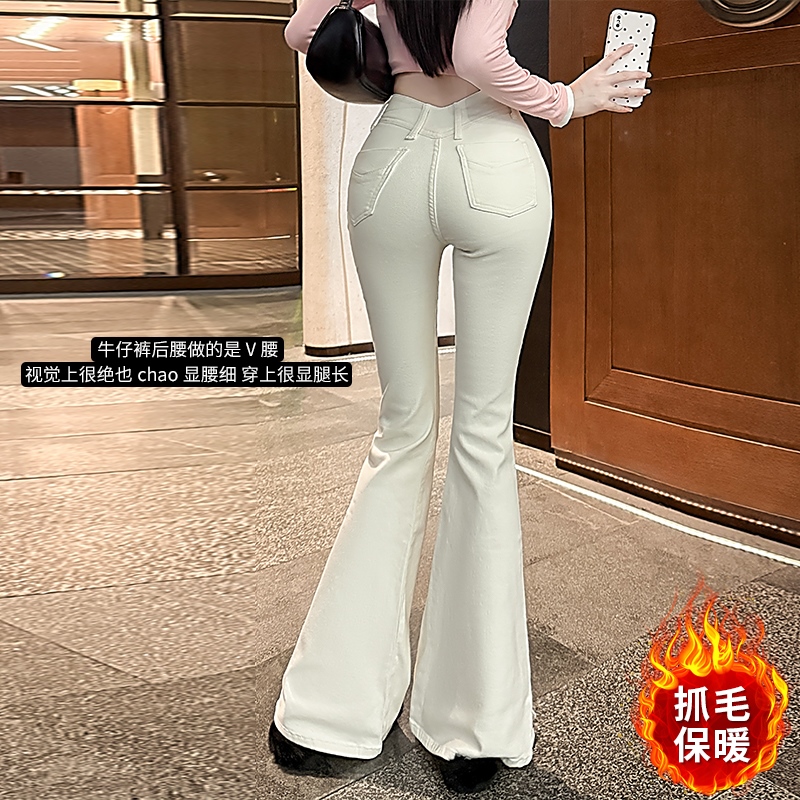實拍韓雨嘉首爾日記韓女高腰喇叭牛仔長褲 V腰開叉磨毛保暖喇叭褲