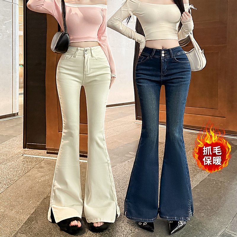 實拍韓雨嘉首爾日記韓女高腰喇叭牛仔長褲 V腰開叉磨毛保暖喇叭褲