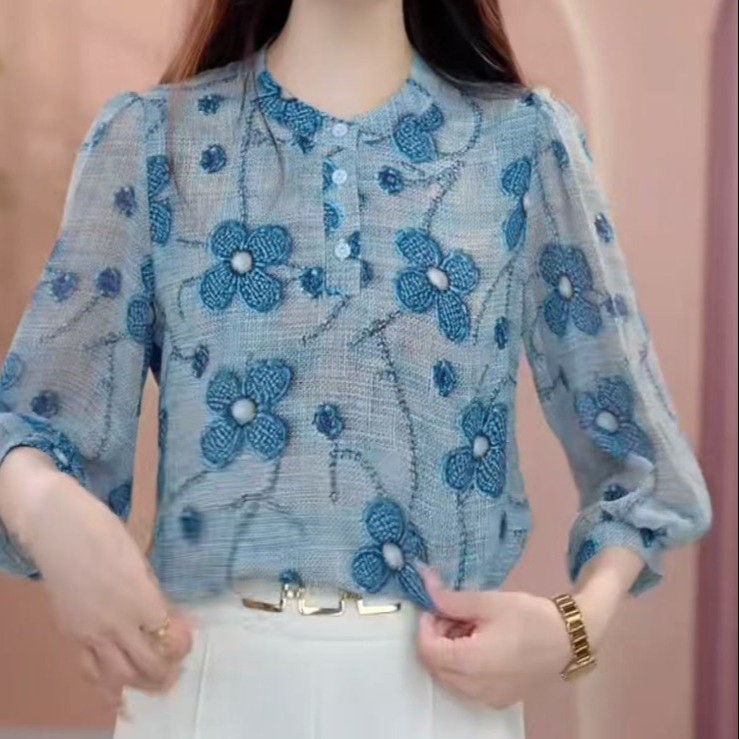 MY9897# 高端印花七分袖衬衫女夏季 新款妈妈洋气减龄小衫宽松遮肚上衣女裝貨源服裝批發