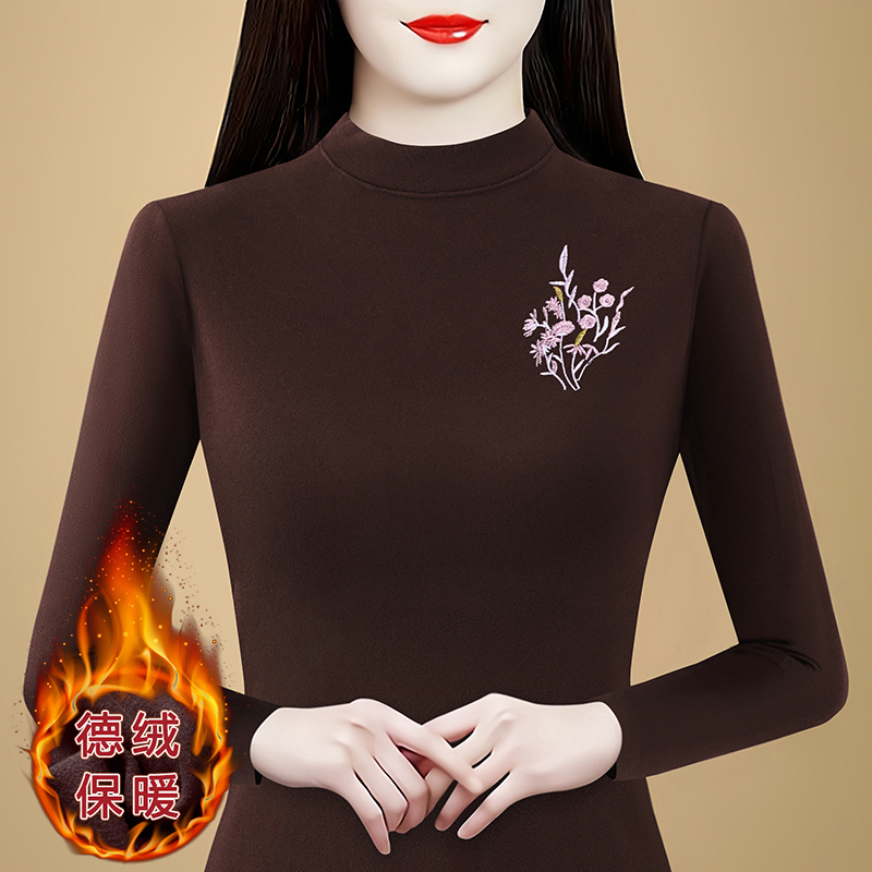 半高領雙面德絨打底衫女士秋冬2025新款刺繡花朵小眾設計保暖上衣