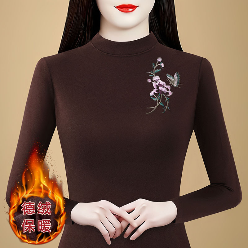 半高領繡花德絨加厚打底衫女秋冬內搭可外穿磨毛媽媽保暖打底衫女