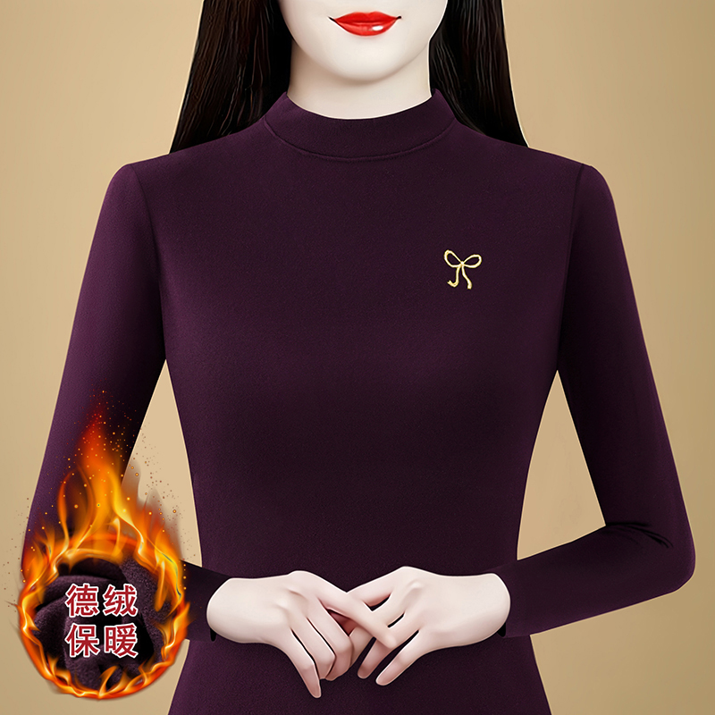 半高領德絨打底衫女2025新款冬蝴蝶結裝飾雙面絨加厚保暖外穿內搭