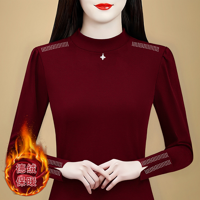 時尚洋氣修身半高領百搭長袖t恤女2025年秋冬季新款燙鉆純色內搭