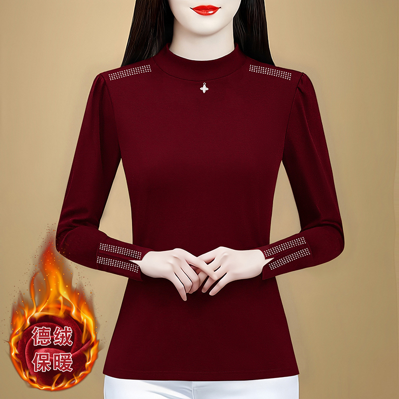 時尚洋氣修身半高領百搭長袖t恤女2025年秋冬季新款燙鉆純色內搭