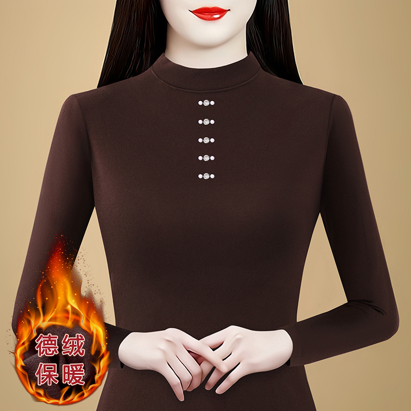 半高領長袖t恤女士加絨內搭打底衫2025新款秋冬爆款女裝修身上衣