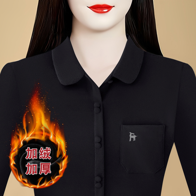秋冬新款翻領套頭雙面德絨加厚長袖T恤上衣女顯瘦純色保暖打底衫