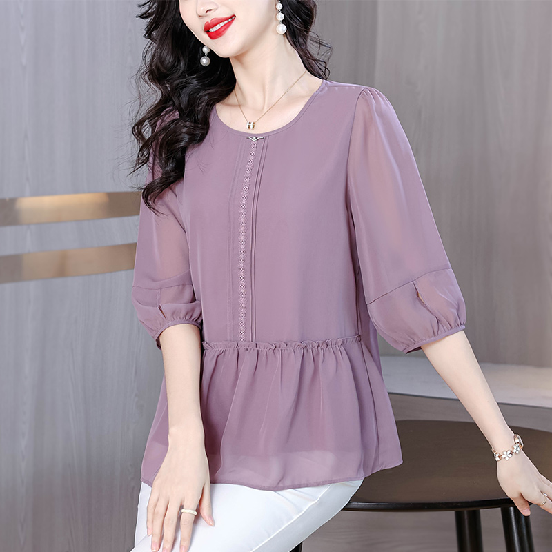 RY635# 妈妈夏装中袖洋气小衫2026新款时尚T恤上衣大码雪纺衫中老年女装