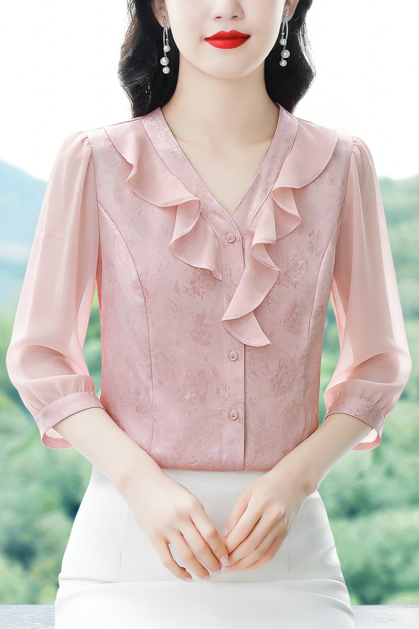 2026夏新款國風提花拼接雪紡衫女荷葉邊V領溫柔粉七分袖上衣襯衫