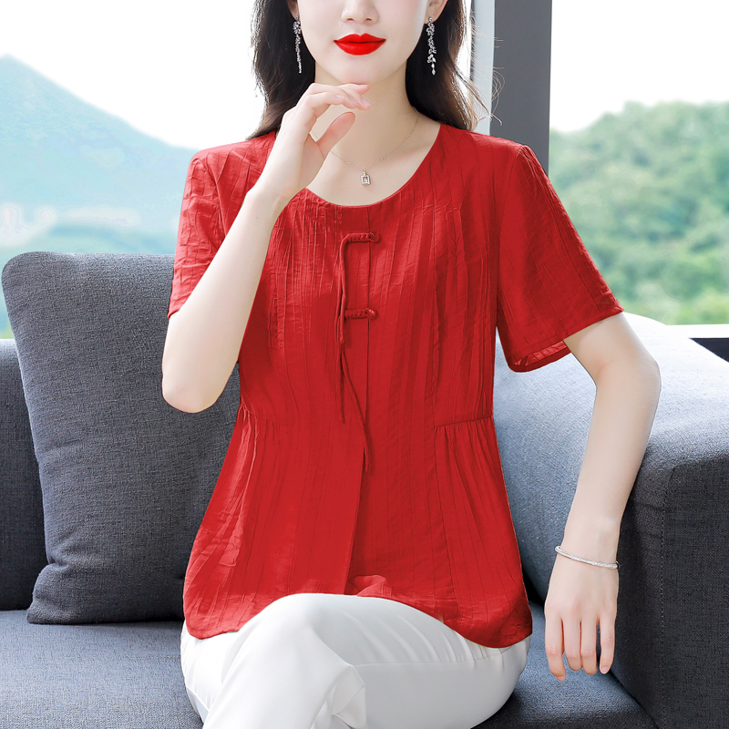 棉麻短袖襯衫2026夏季新款大碼寬松減齡小衫遮肚子裙擺洋氣上衣