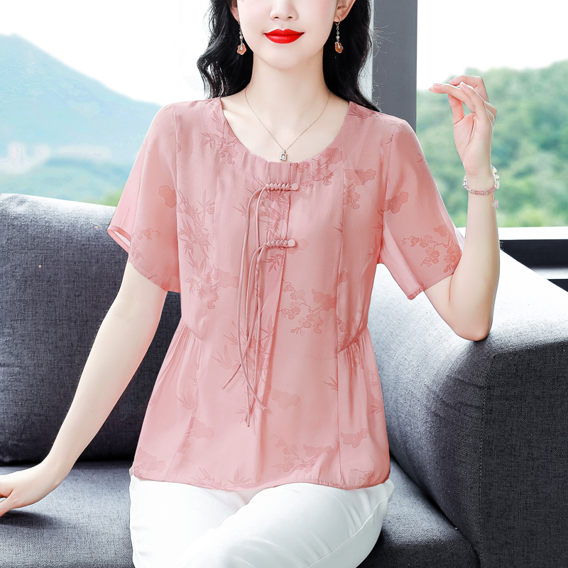 2026夏季新款天絲棉麻短袖襯衫女減齡寬松大碼小衫遮肚子媽媽
