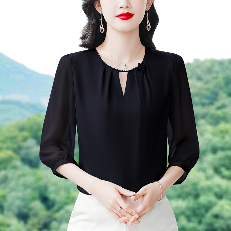 純色重磅真絲上衣女2026夏季新款花邊領小衫時尚桑蠶絲t恤