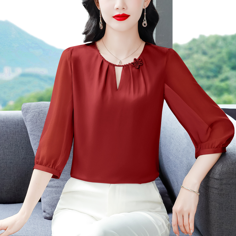 純色重磅真絲上衣女2026夏季新款花邊領小衫時尚桑蠶絲t恤