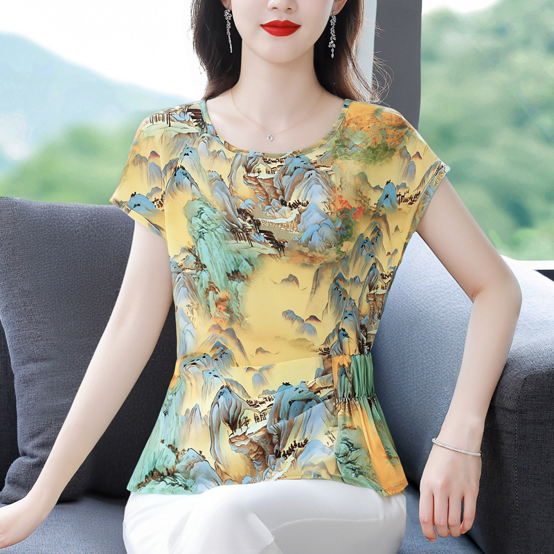 復古印花收腰短袖T恤女夏2025新款休閑百搭氣質減齡小衫圓領上衣