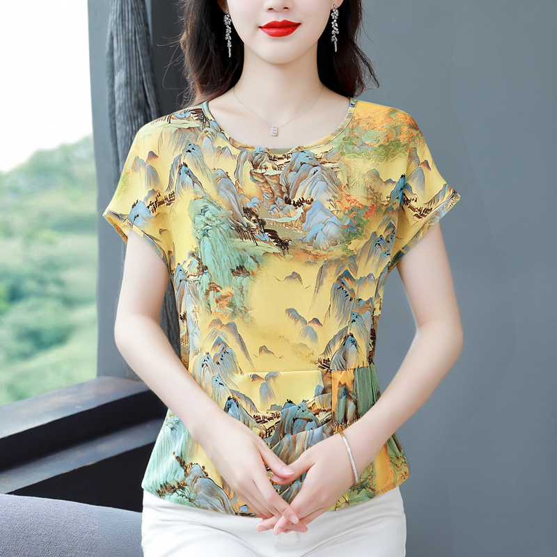 復古印花收腰短袖T恤女夏2025新款休閑百搭氣質減齡小衫圓領上衣