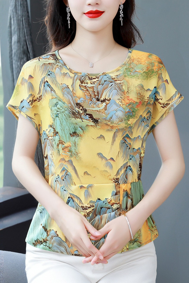 復古印花收腰短袖T恤女夏2025新款休閑百搭氣質減齡小衫圓領上衣