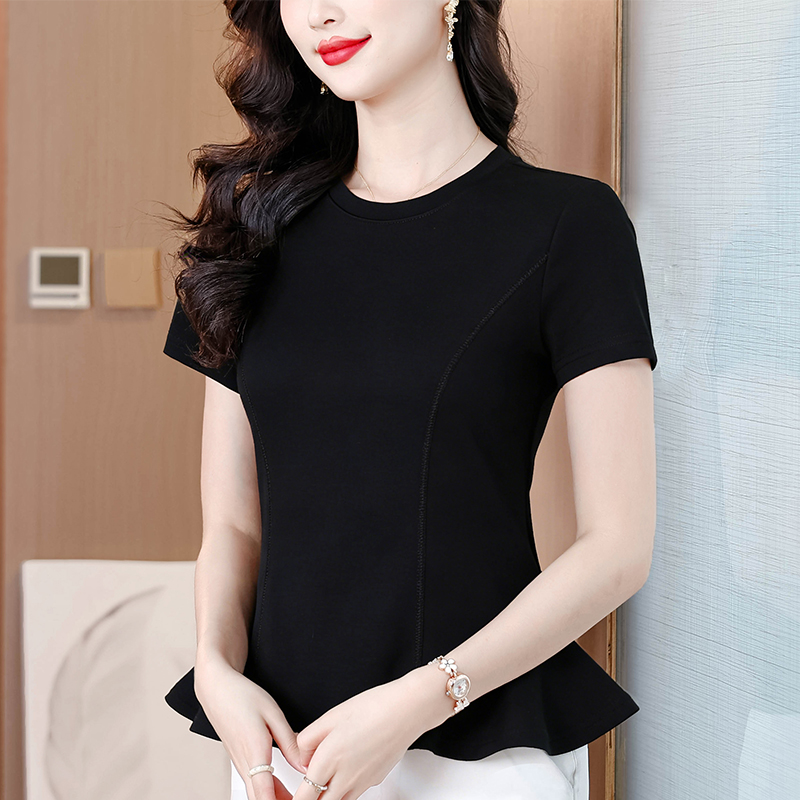 曼巴棉T恤女春夏設計感下擺荷葉邊柔軟圓領顯瘦短袖洋氣打底衫潮