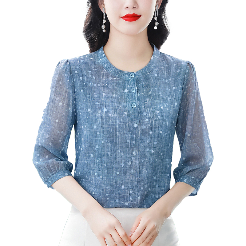 霧藍色波點薄款中袖襯衫女2026新款時尚媽媽裝C洋氣減齡透氣小衫