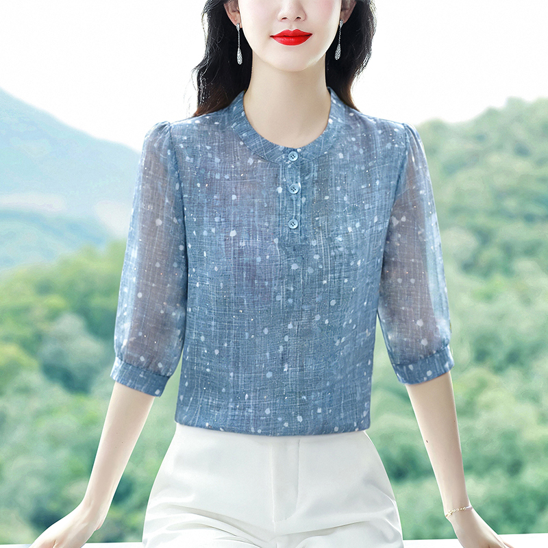 霧藍色波點薄款中袖襯衫女2026新款時尚媽媽裝C洋氣減齡透氣小衫
