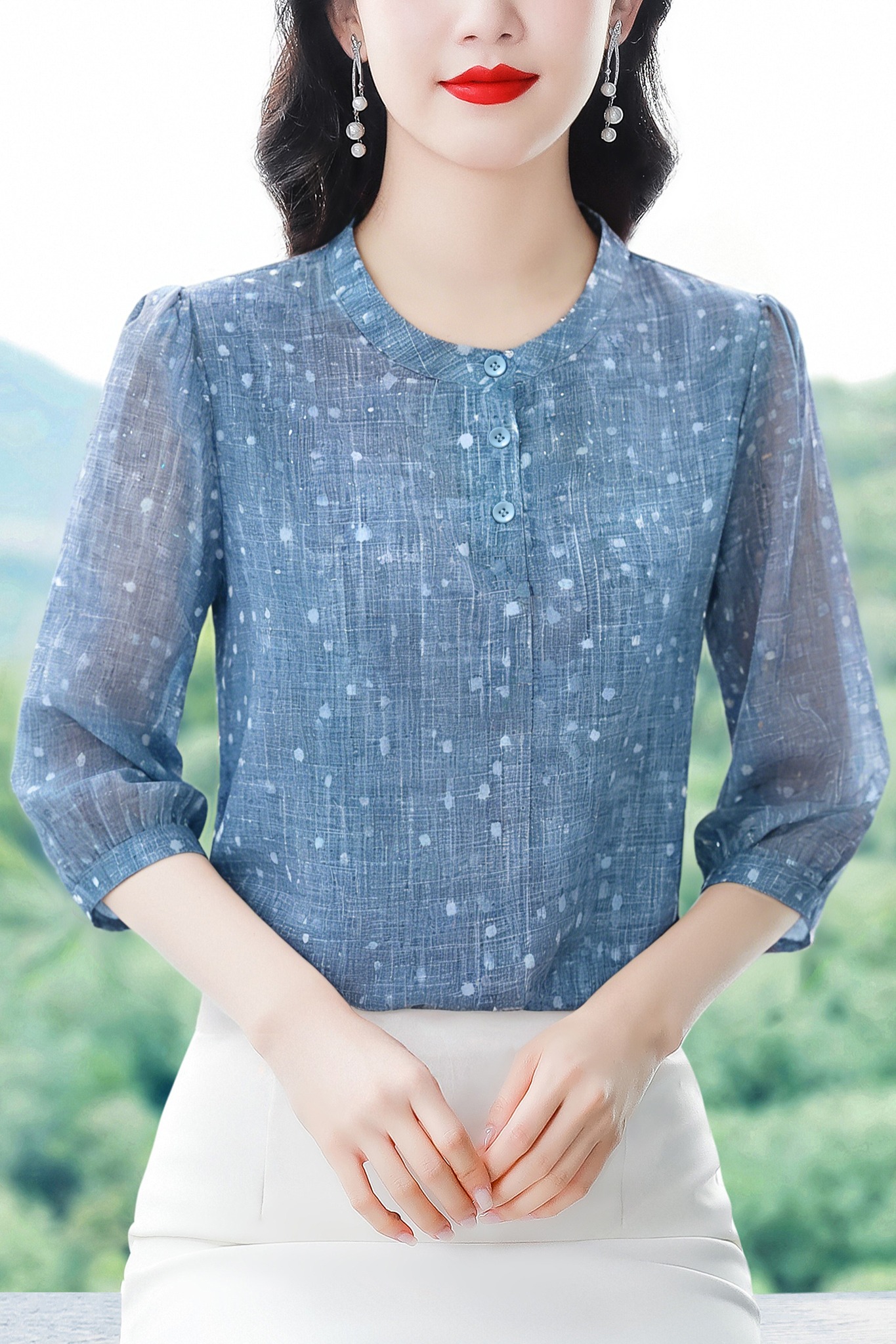 霧藍色波點薄款中袖襯衫女2026新款時尚媽媽裝C洋氣減齡透氣小衫