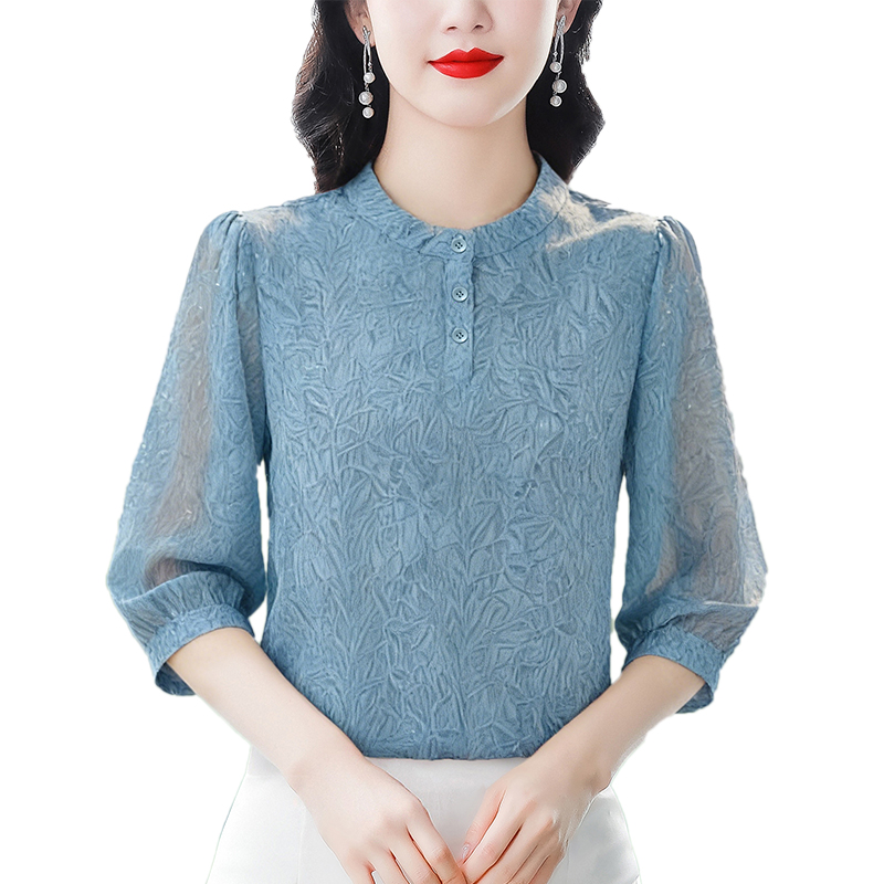 夏季新款時尚I氣質七分袖印花襯衫女立領寬松顯瘦媽媽裝減齡上衣