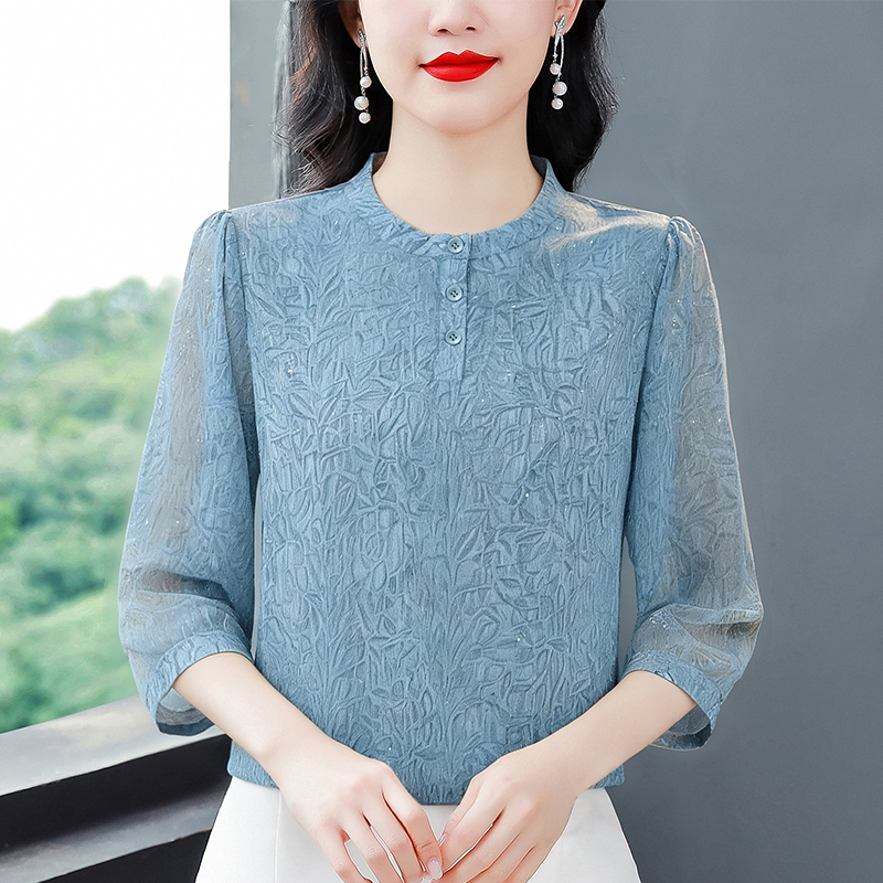 夏季新款時尚I氣質七分袖印花襯衫女立領寬松顯瘦媽媽裝減齡上衣